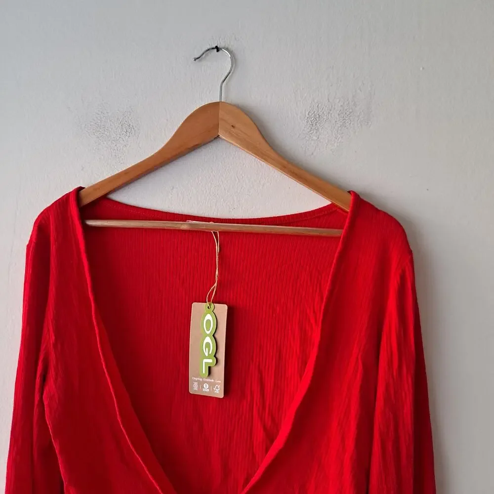 NWT OGL Soft Bell Sleeve Cropped Cardigan Wool Blend Ribbed Red Women's Size M